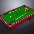 Red Frame Green Felt Billiard Table With White Cue Ball Cues And Colored Balls Triangle