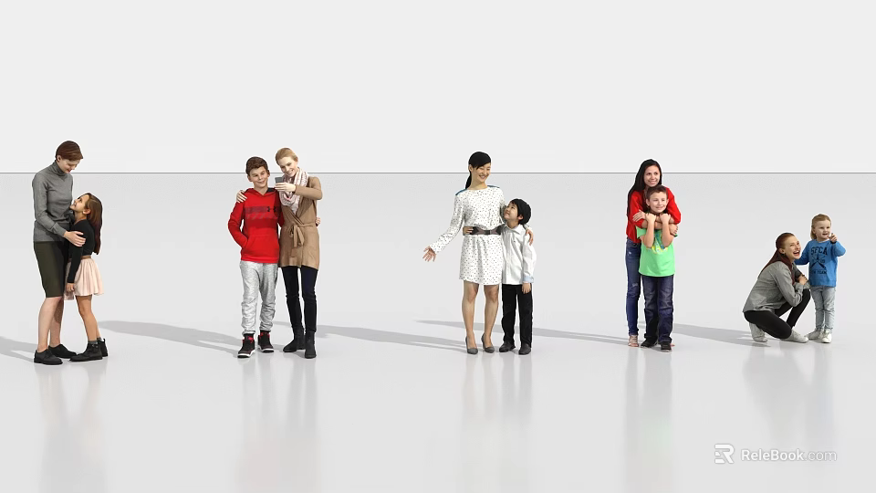 Group of People Standing in Bright White Space With Adults and Children in Casual Outfits 3d model 