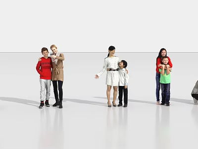 Group of People Standing in Bright White Space With Adults and Children in Casual Outfits 3d model