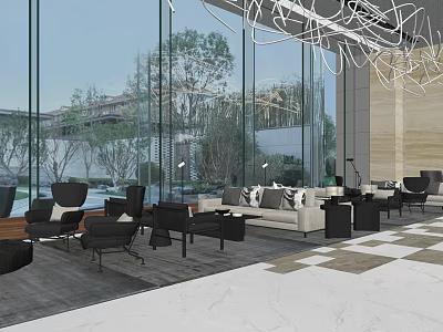 Modern Lounge Area Interior With Glass Windows Sofa Chairs And Chandelier 3d model