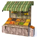 Fresh Colorful Fruits Display At Wooden Fruit Stand With Green Striped Awning