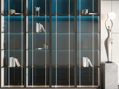 Modern Bookcase Design With Glass Doors Metal Frame Books And Decorative Lighting 3d model