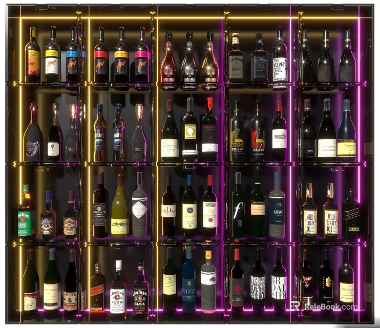 Modern Wine Cabinet Design With Illuminated Shelves And Various Wine Bottles 3d model 