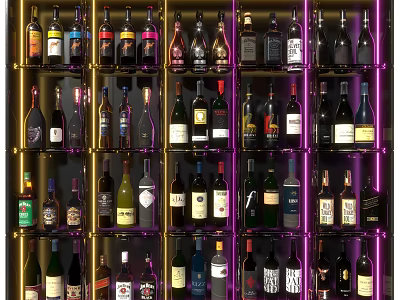 Modern Wine Cabinet Design With Illuminated Shelves And Various Wine Bottles 3d model