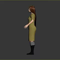 Woman In Yellow Dress With Gray Stockings And Black Boots On Gray Background