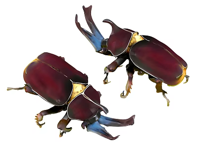 Two Colorful Horned Reptiles with Red and Blue Carapace and Long Horns 3d model