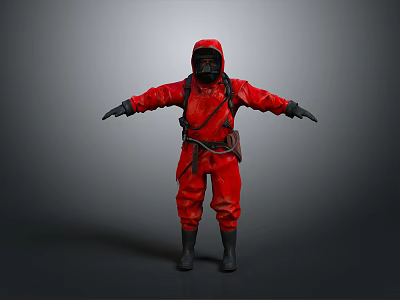 Red Protective Coverall With Full Body Safety Gear Gas Mask And Boots 3d model