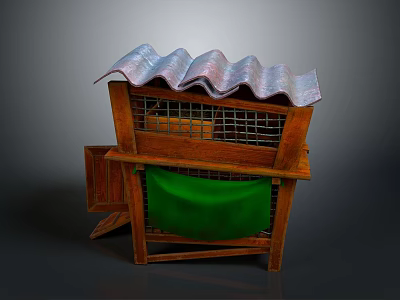 Chicken Coop Featuring Wooden Frame Corrugated Metal Roof Green Cloth And Side Door 3d model