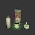 Stylish Home Decorative Gold Lantern With Lit White Candles On Black Tray