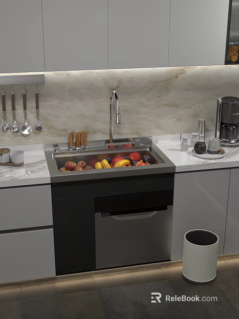 Contemporary Kitchen Featuring Stainless Steel Sink With Fresh Fruits On Marble Countertop And Coffee Machine 3d model 