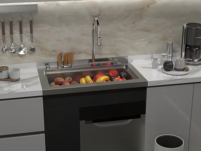 Contemporary Kitchen Featuring Stainless Steel Sink With Fresh Fruits On Marble Countertop And Coffee Machine 3d model
