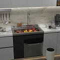 Contemporary Kitchen Featuring Stainless Steel Sink With Fresh Fruits On Marble Countertop And Coffee Machine