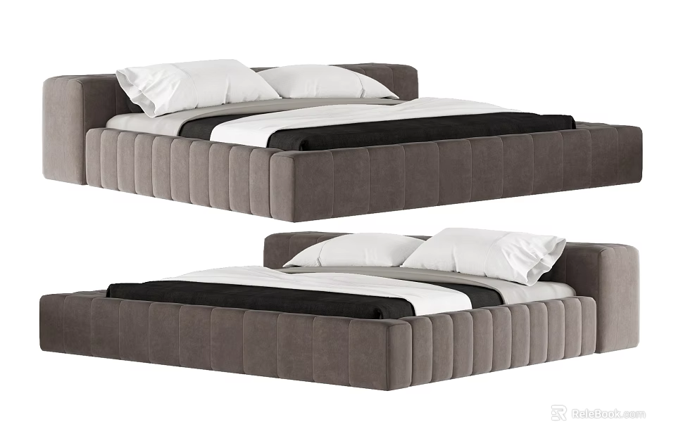 Modern Double Bed With Gray Tufted Frame And White Black Bedding 3d model