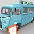 Blue Food Truck Selling Fish And Chips With Menu Board