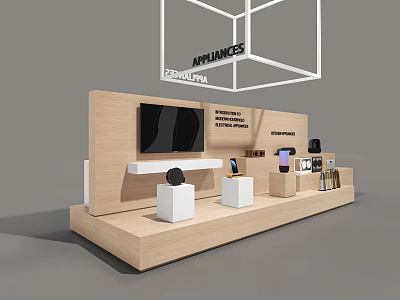 Modern Wooden Display Shelf Showcasing Appliances with White Stands and Electronics 3d model