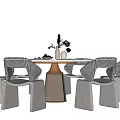 Modern Round Dining Table Set With Checkered Pattern Chairs And Wooden Pedestal Base 3d model