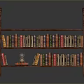 Wooden Carved Bookcase with Two Tier Shelves Filled with Colorful Books and Decorative Item
