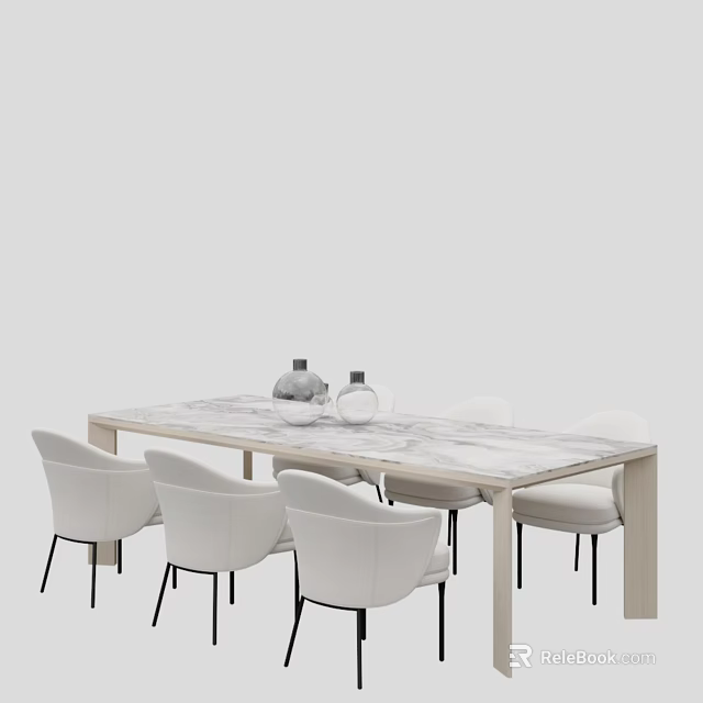 Modern White Dining Chairs With Marble Top Table And Decorative Vases 3d model