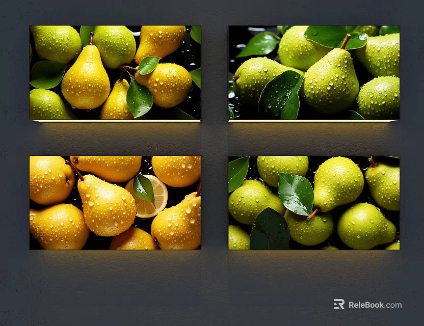 Decorative Fruit Wall Hanging Featuring Green Yellow Pears With Leaves And Water Droplets 3d model 