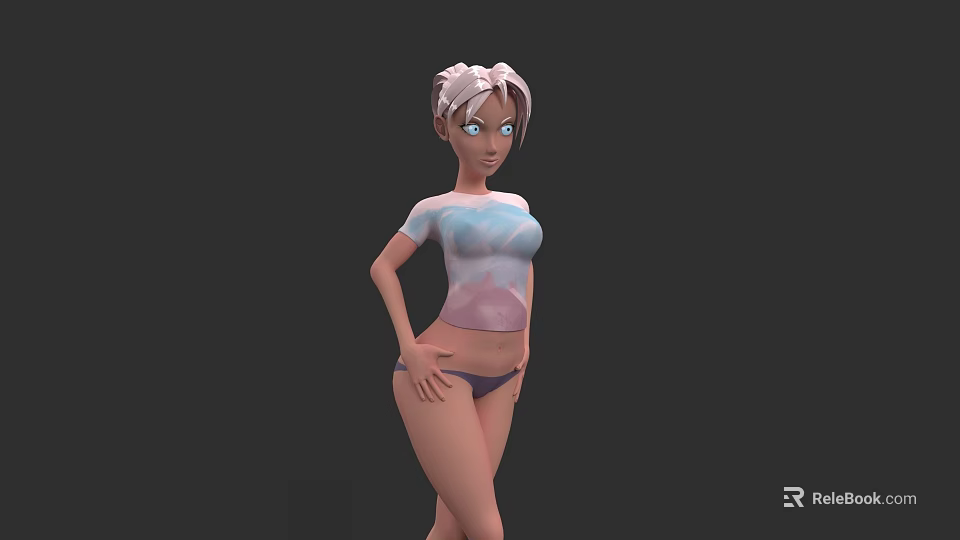 Woman With Silver White Short Hair And Blue Eyes Wearing Transparent Top And Underwear 3d model 