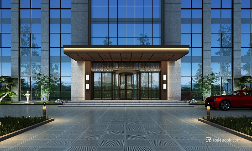 Modern Building Main Entrance With Glass Doors Illuminated Canopy And Glass Curtain Walls 3d model 