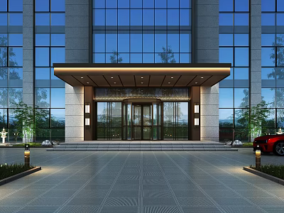 Modern Building Main Entrance With Glass Doors Illuminated Canopy And Glass Curtain Walls 3d model