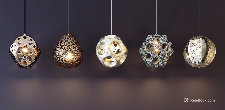 Modern Pendant Lights with Three Unique Decorative Designs Hanging Against Dark Background Lit and Stylish 3d model 