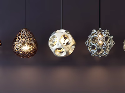 Modern Pendant Lights with Three Unique Decorative Designs Hanging Against Dark Background Lit and Stylish 3d model