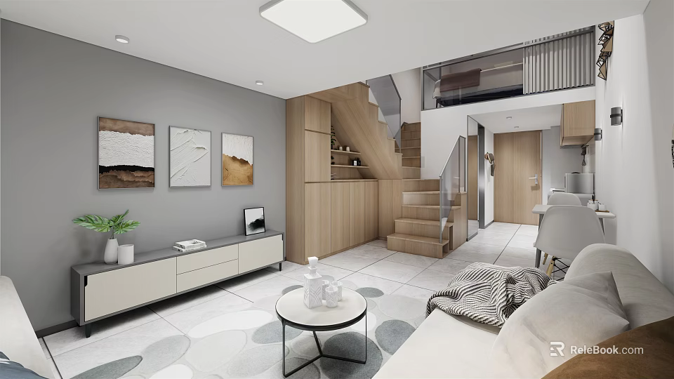 Modern Apartment Living Room With Geometric Pattern Floor Tiles Abstract Paintings Wooden Cabinets And Staircase 3d model 