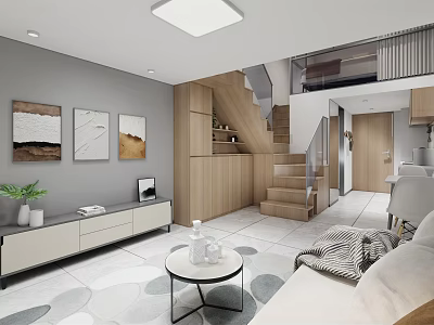 Modern Apartment Living Room With Geometric Pattern Floor Tiles Abstract Paintings Wooden Cabinets And Staircase 3d model
