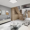 Modern Apartment Living Room With Geometric Pattern Floor Tiles Abstract Paintings Wooden Cabinets And Staircase