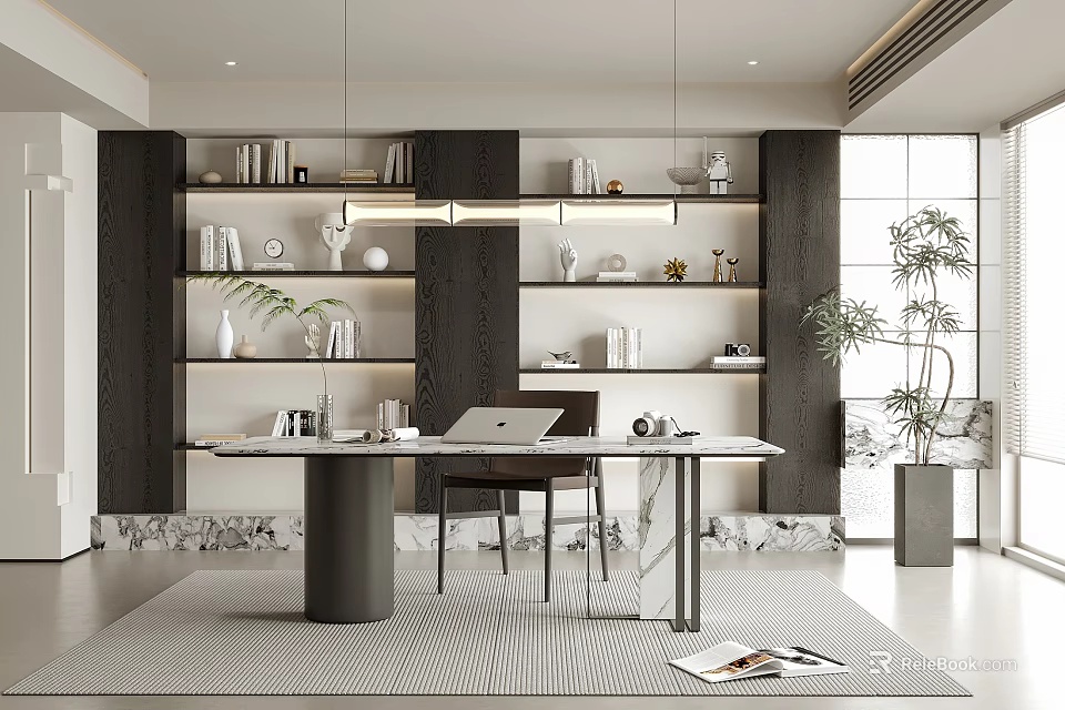 Modern Home Office With Dark Wooden Bookshelves Marble Desk Laptop Decorative Items And Potted Plant 3d model 