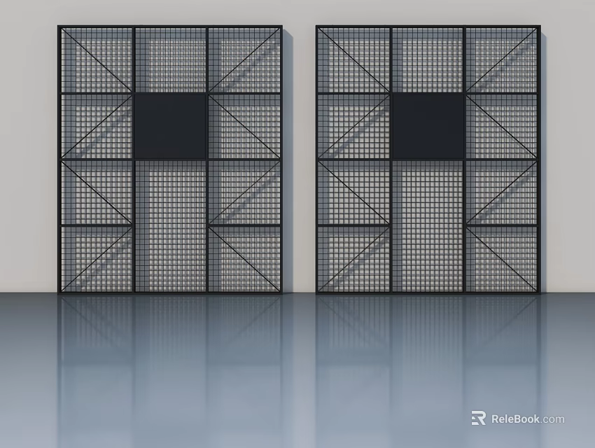 Double Modern Black Frame Swing Doors With Grid Mesh Design And Reflective Floor 3d model 