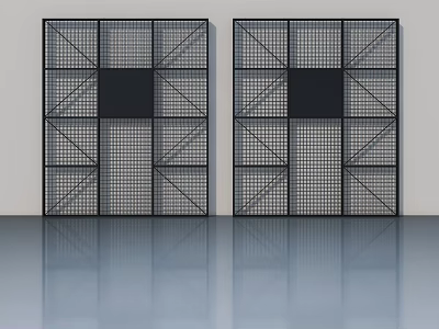 Double Modern Black Frame Swing Doors With Grid Mesh Design And Reflective Floor 3d model