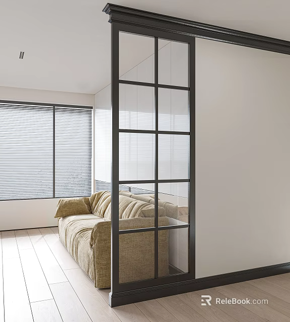Modern Interior Featuring Black Frame Grid Glass Partition With Sofa And Window Blinds 3d model 