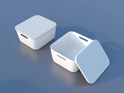 White Plastic Storage Boxes With Open And Closed Lids On Blue Background 3d model