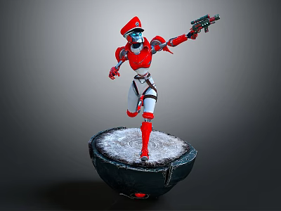 Red Armor Game Movie Character Holding Gun Standing on Snow Covered Circular Platform 3d model