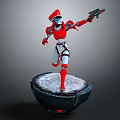 Red Armor Game Movie Character Holding Gun Standing on Snow Covered Circular Platform