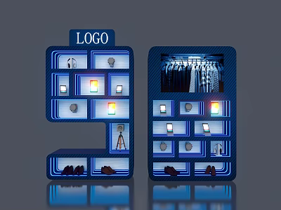 Blue Layered Illuminated Display Shelves With Clothes Shoes Small Items And Top LOGO Sign 3d model