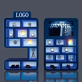 Blue Layered Illuminated Display Shelves With Clothes Shoes Small Items And Top LOGO Sign