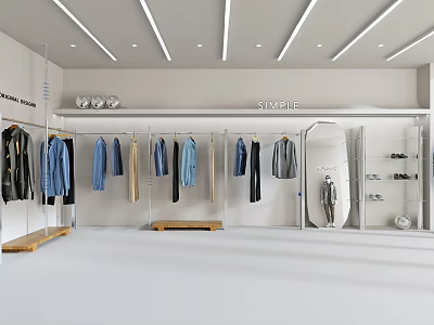 Modern Clothing Store Interior With Hanging Clothes Racks Full Length Mirror And Bright Shopping Space 3d model