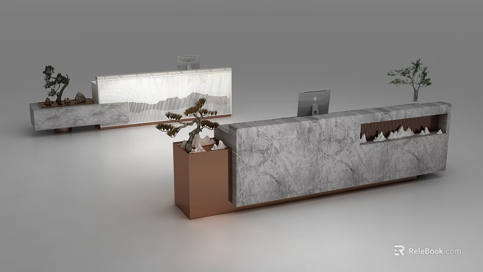 Elegant Modern Reception Desk Featuring Marble Surface Copper Base Potted Plant And Computer 3d model