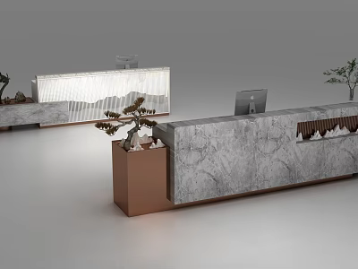 Elegant Modern Reception Desk Featuring Marble Surface Copper Base Potted Plant And Computer 3d model