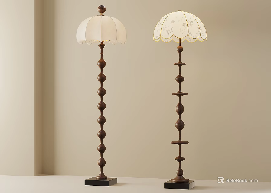 Elegant Floor Lamps With Spiral Bases And White Lampshades Featuring Lace Detail 3d model 