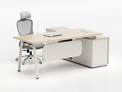 Modern Office Desk with Ergonomic Mesh Chair Laptop on Surface and White Storage Cabinet 3d model