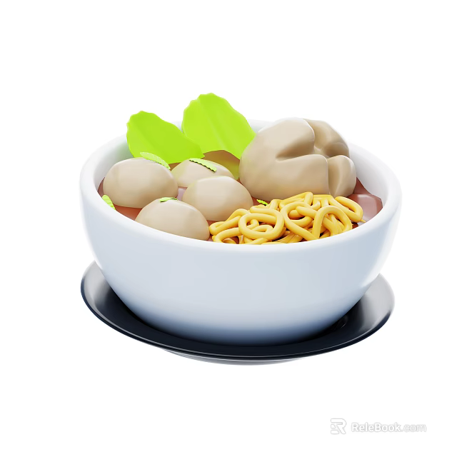 Hearty Meatball Noodle Soup With Fresh Lettuce And Red Broth In White Bowl On Black Tray 3d model 
