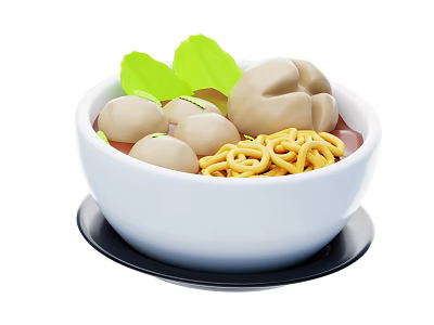 Hearty Meatball Noodle Soup With Fresh Lettuce And Red Broth In White Bowl On Black Tray 3d model