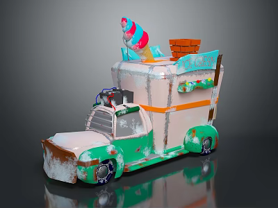 Green And Beige Ice Cream Truck With Colorful Ice Cream Cone Top And Decorative Stripes 3d model