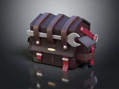 Brown Toolbox With Red Leather Straps Metal Hardware And Wrench 3d model