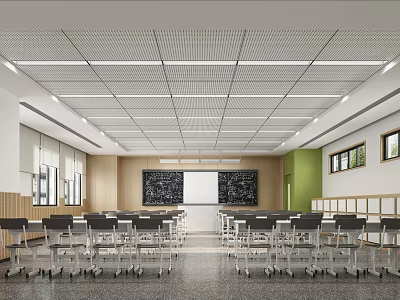 Modern School Classroom With Spacious Desks Chairs Blackboard And Bright Lighting 3d model